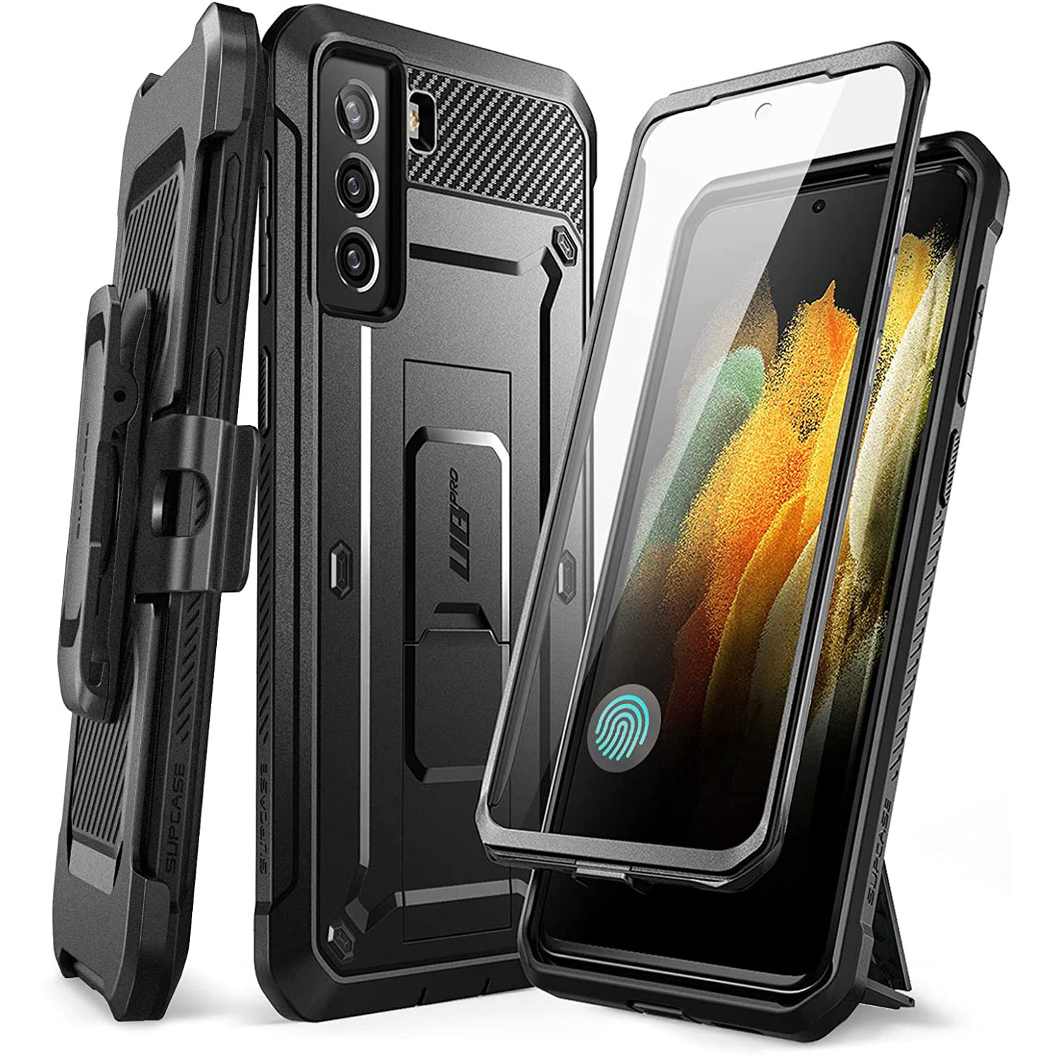 Etui pancerne z osłoną na ekran, z wbudowaną podstawką i kaburą z klipsem obrotowym Supcase Unicorn Beetle Pro do Galaxy S21 FE